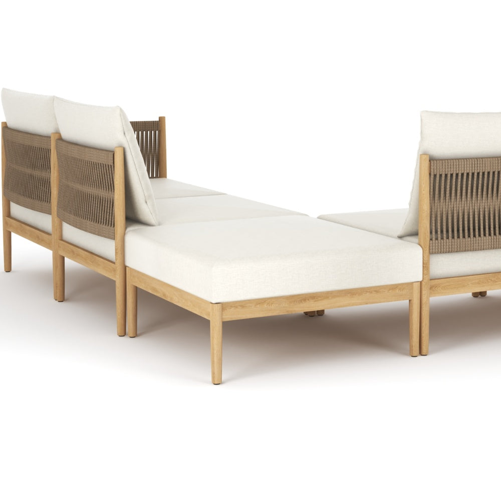 Teak outdoor lounge sectional with beige cushions and woven side back panels