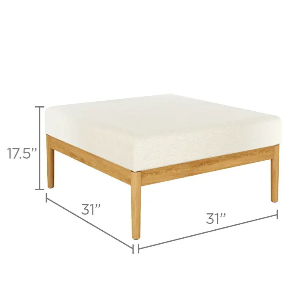 Teak ottoman with light beige cushion, 31 in square top, 17.5 in height