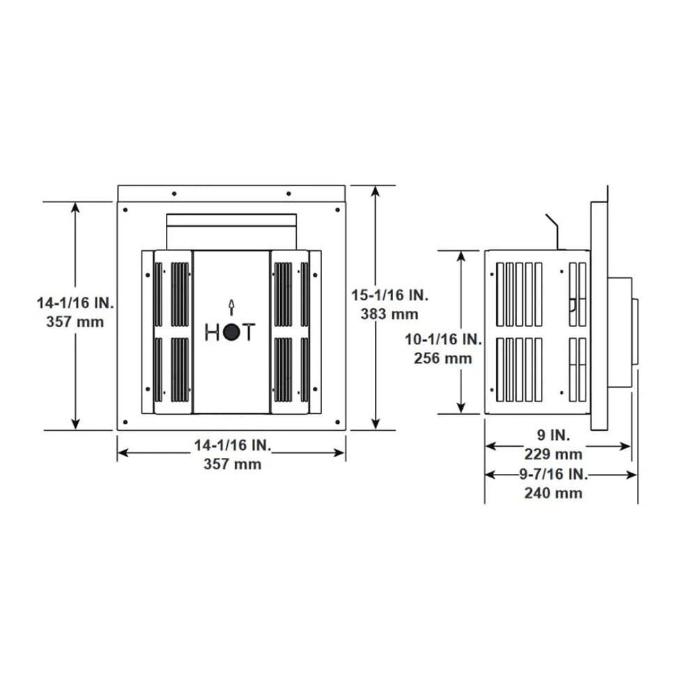 Vent termination kit diagram with cap and wall thimble, front and side views, dimensions