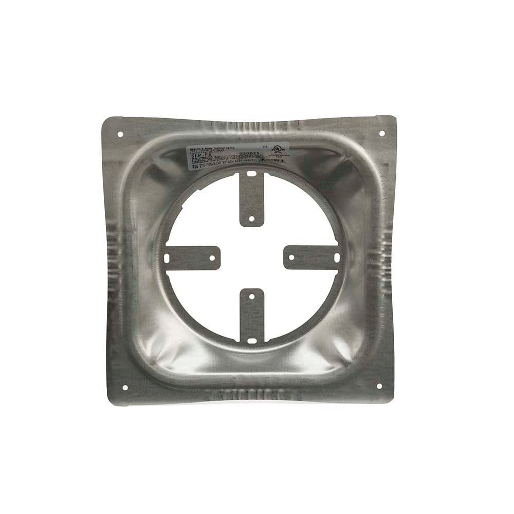 Steel ceiling firestop plate with circular cutout and four mounting holes