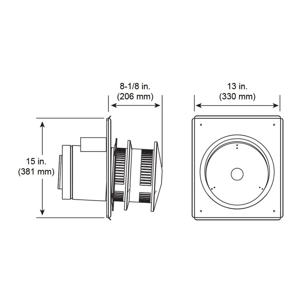 Stainless steel termination cap dimensions: 15 in tall, 13 in wide, 8-1/8 in depth