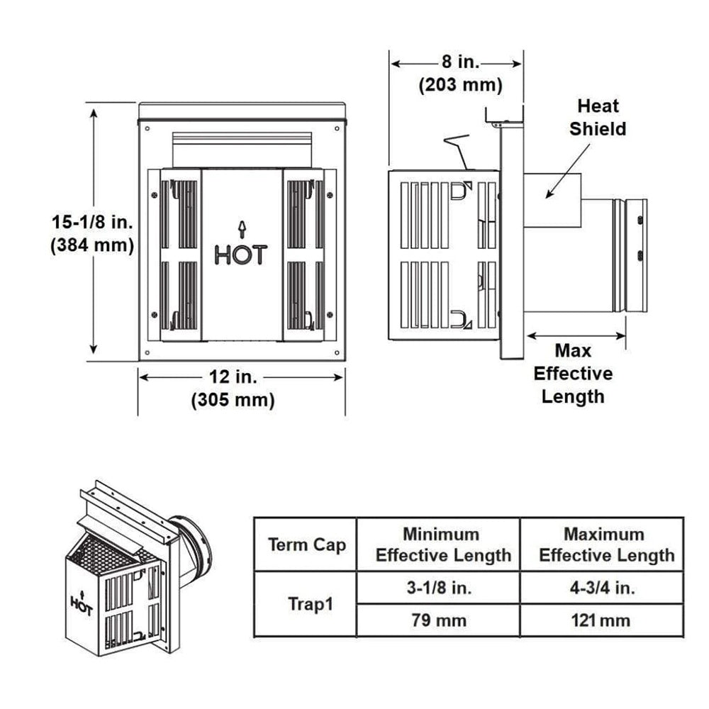 Horizontal vent termination kit diagram with dimensions, heat shield, and effective length table