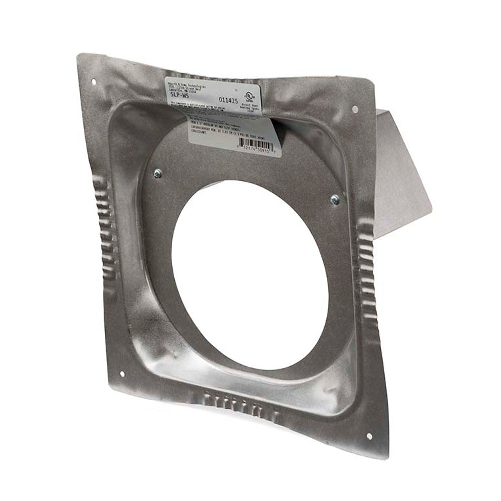 Metal wall firestop sleeve with square mounting plate and circular opening, vented edges