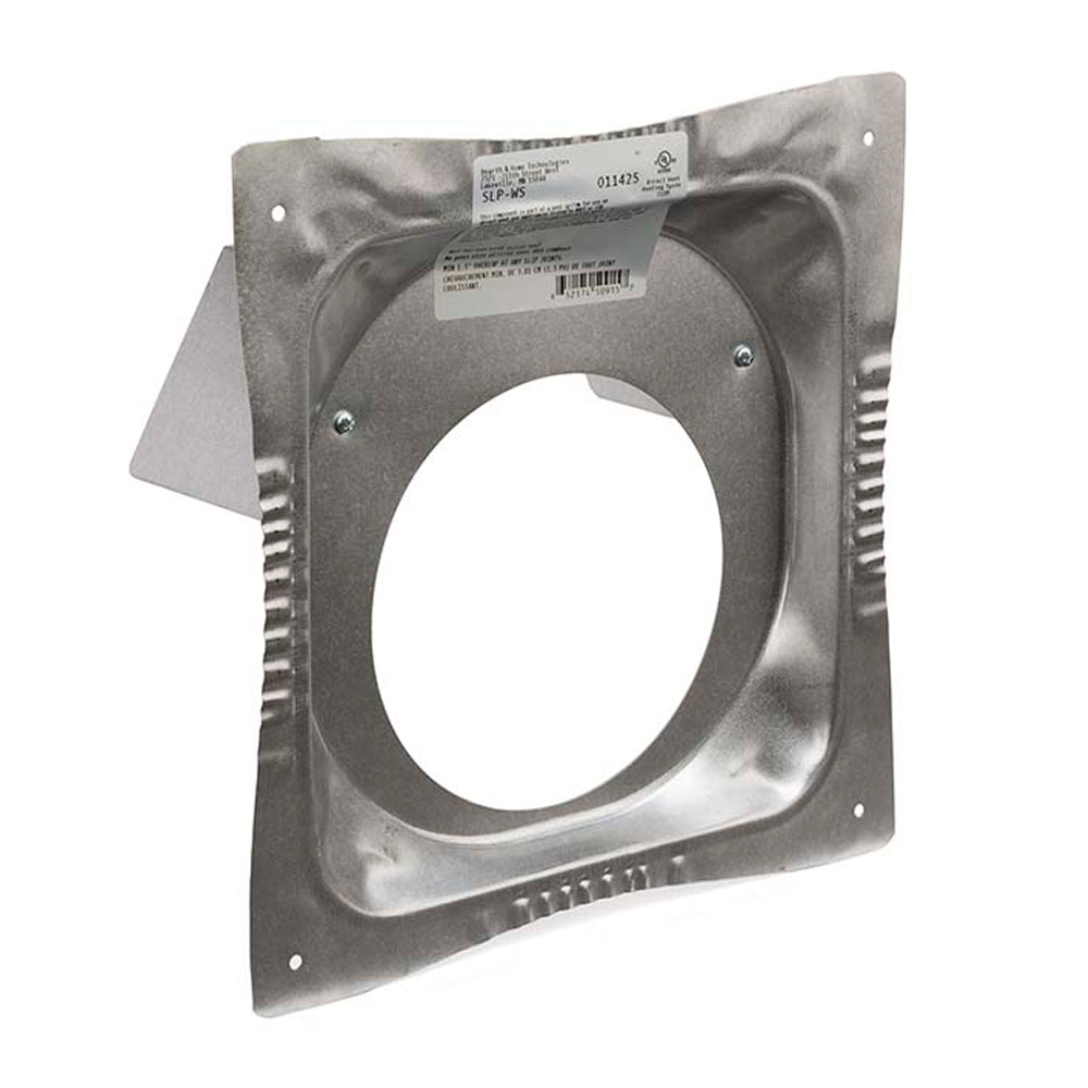 Metal wall firestop sleeve showing square plate with round opening and side vent slots