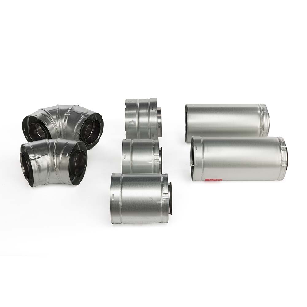 Metal duct slip section fittings set, silver straight sections and elbow couplers