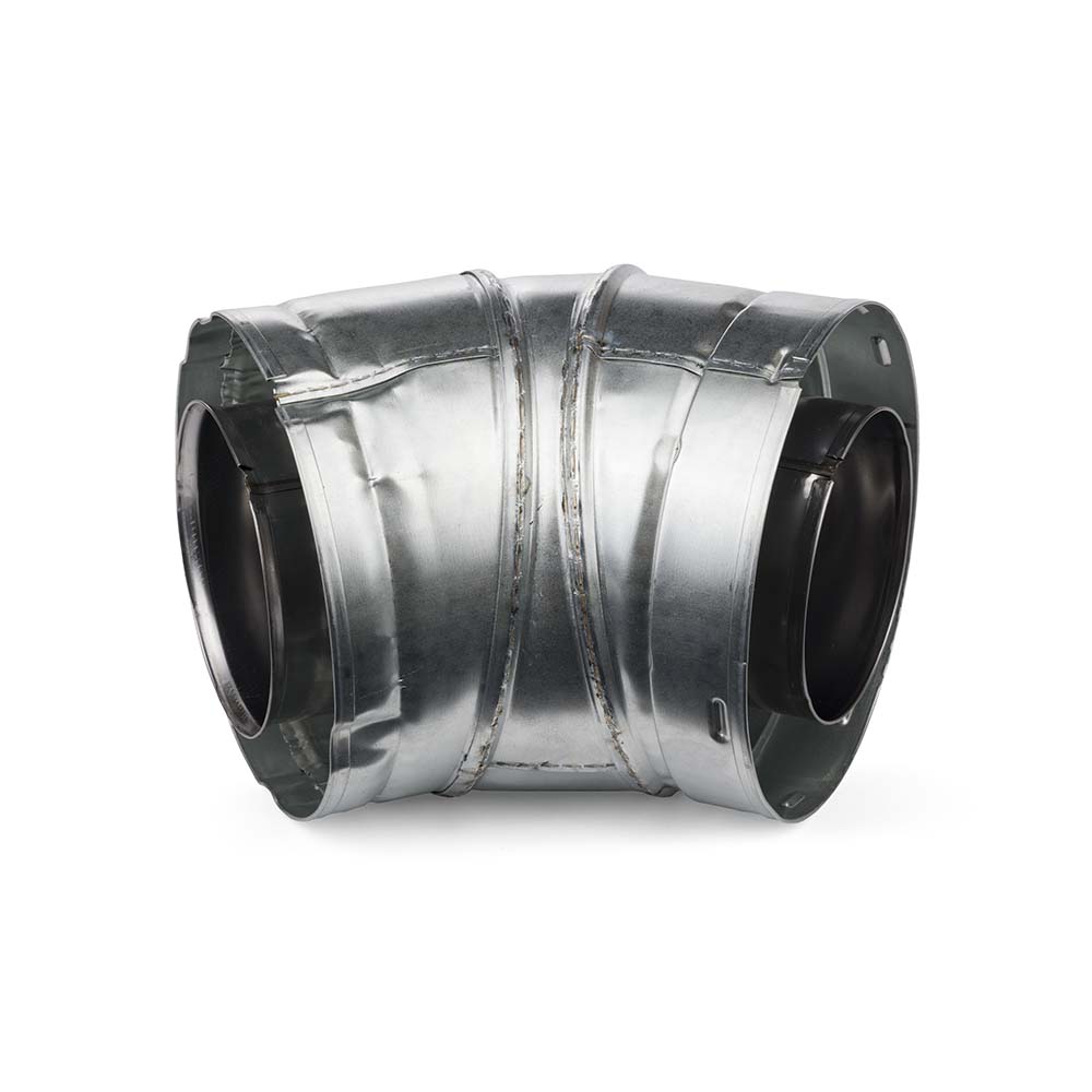 45-degree duct elbow, galvanized metal, two black rubber gasket ports