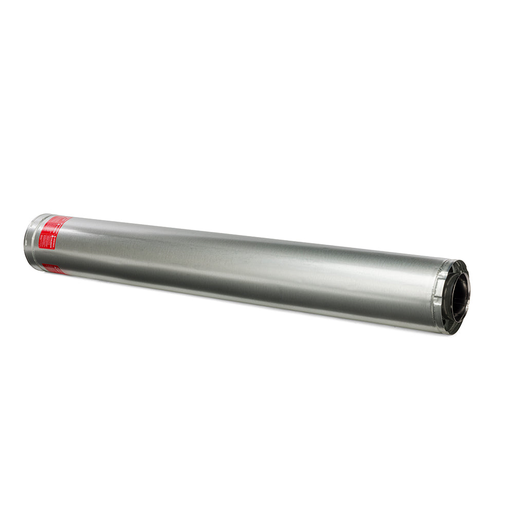 Silver stove pipe section with flanged end and red label band