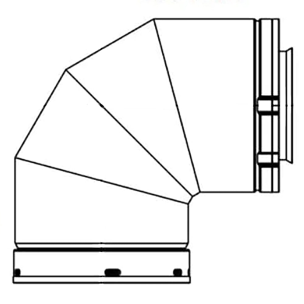 Black 90-degree elbow fitting with flanged ends, angled view