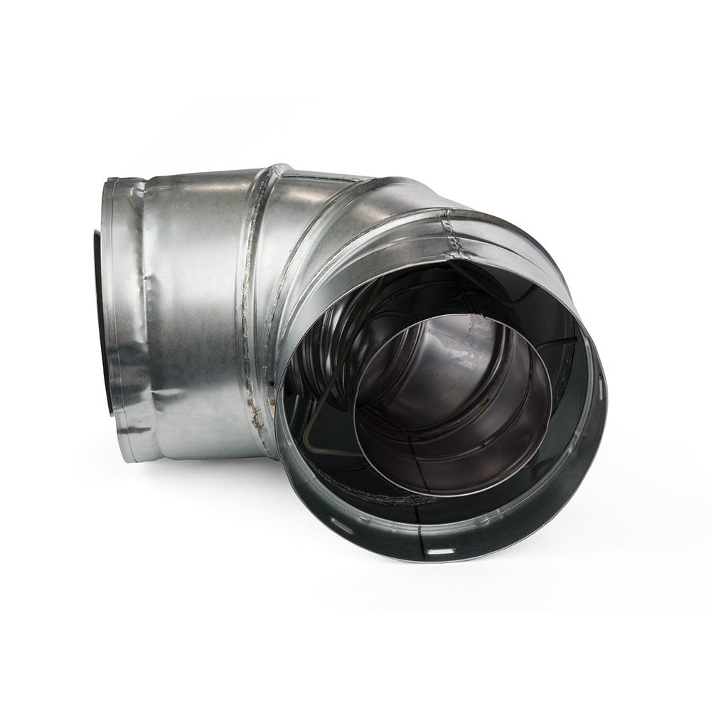 90-degree metal duct elbow with silver galvanized finish and dark inner liner, side view