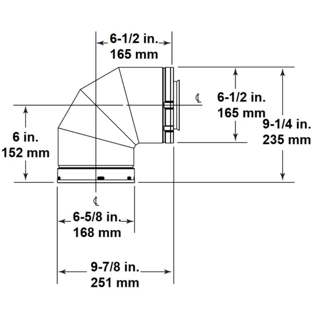 Black 90-degree elbow fitting with labeled dimensions, side view