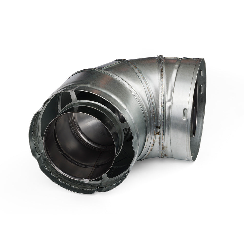 90-degree metal duct elbow, silver exterior with black gasket, angled end view