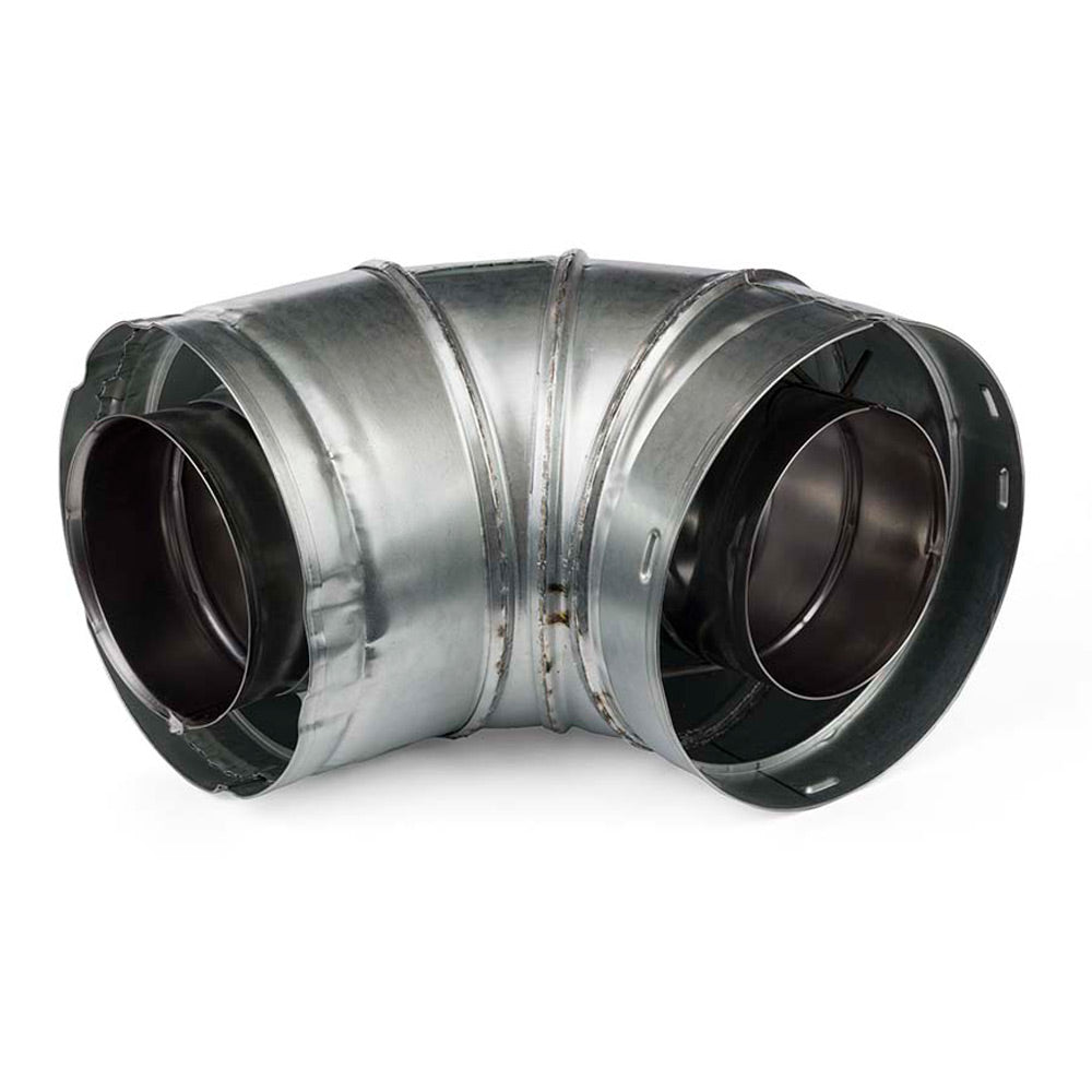 90-degree metal duct elbow, silver galvanized bends with two dark circular openings