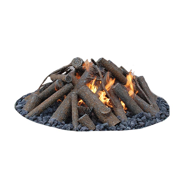 Decorative steel log set for fire pit with faux flames and dark gray logs