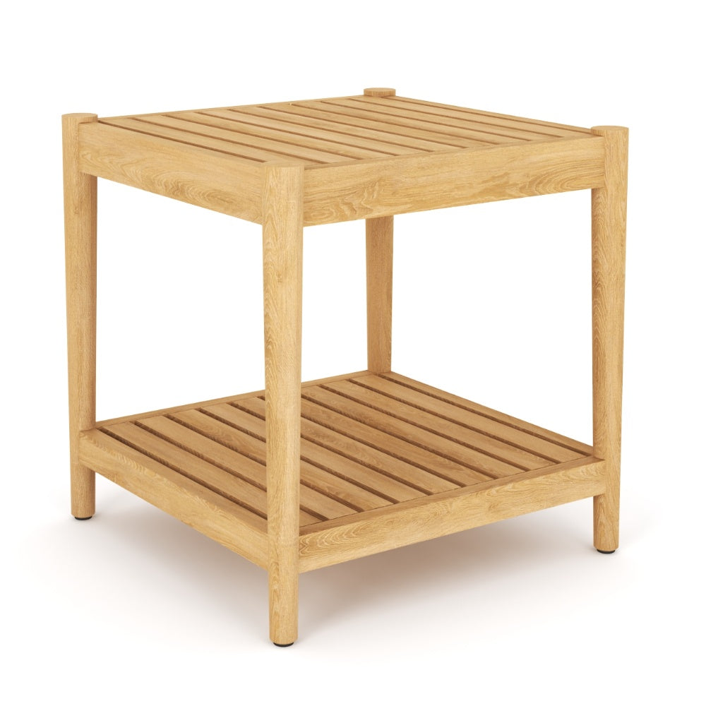 Light teak square side table with slatted top and lower shelf, open frame.