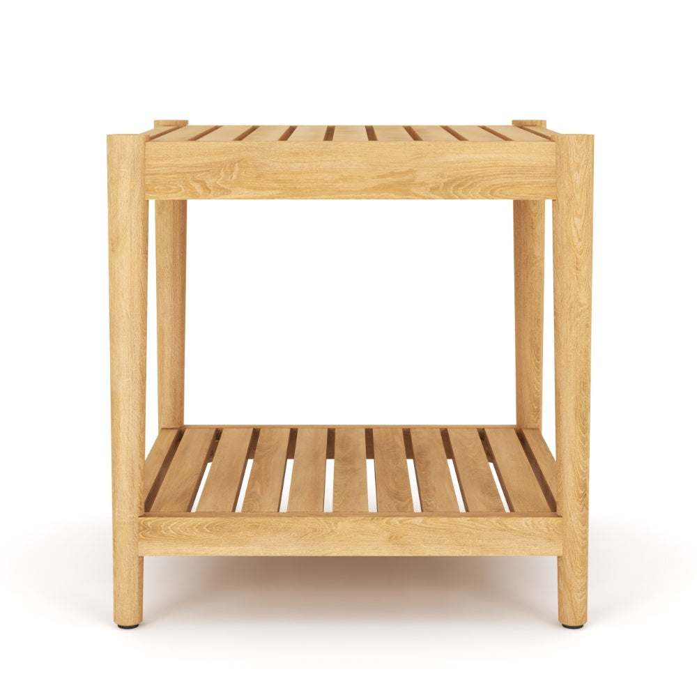 Light teak square side table, slatted top and bottom shelf with open rectangular frame.