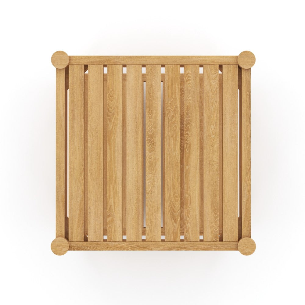 Light teak end panel of a square side table with vertical slats and round corner posts.