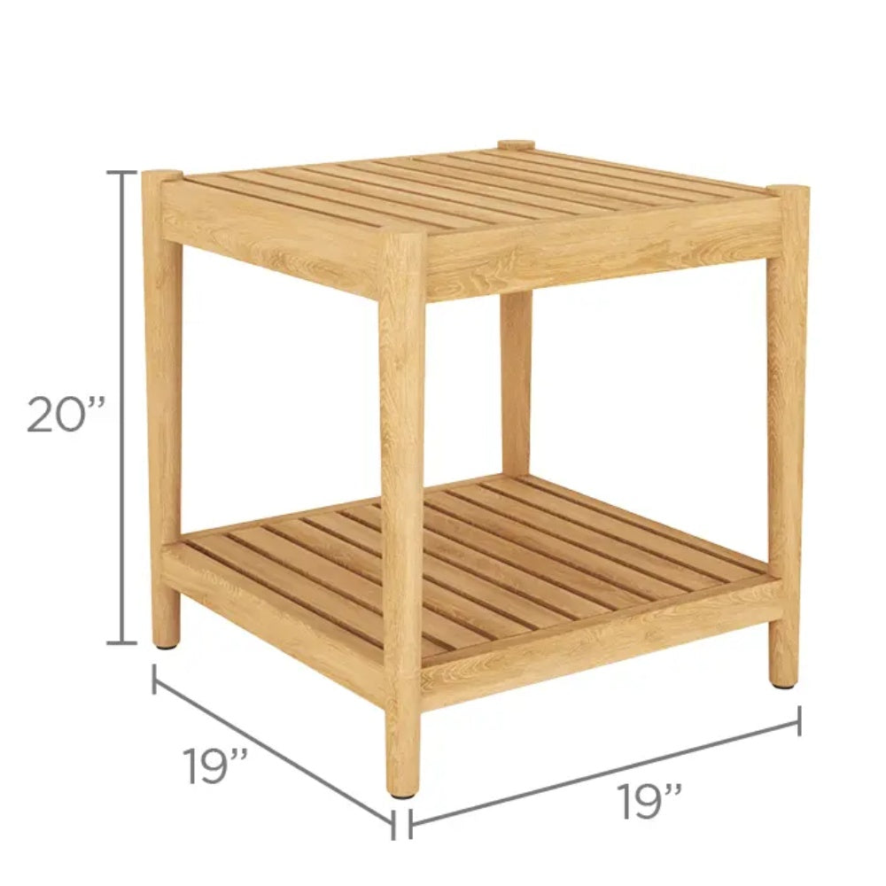 Light teak square side table with slatted top and shelf; 20 in H x 19 in W.