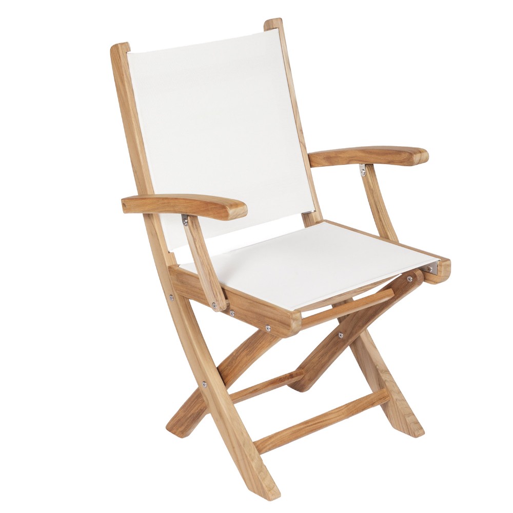 Folding teak arm chair with white sling seat and backrest, wooden armrests.