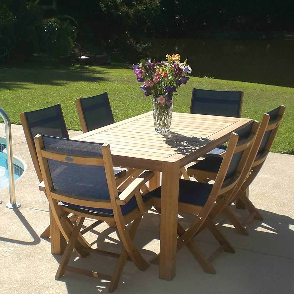 Folding teak arm chair with dark sling seat and backrest, wooden arms.