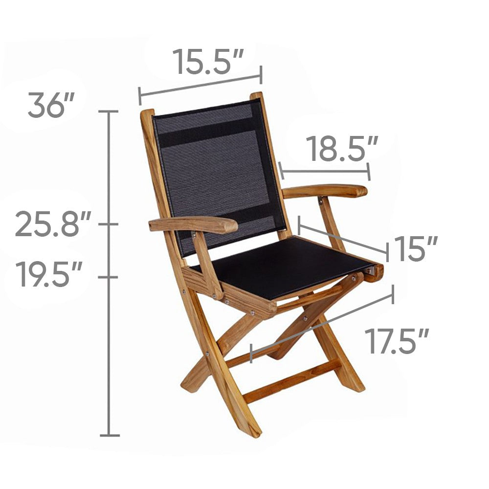 Folding teak sling arm chair with dark seat and backrest, includes size diagram.