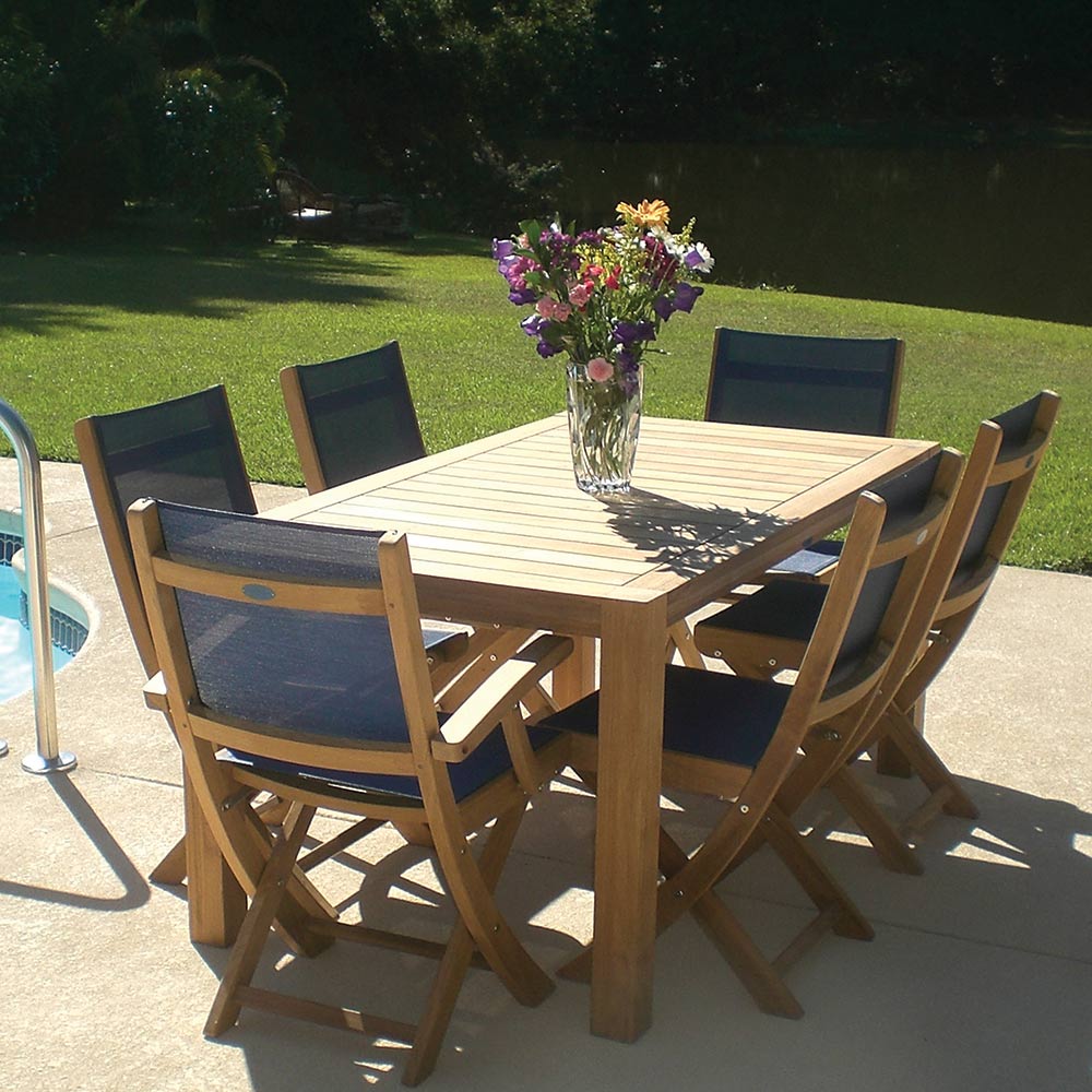 Teak folding arm chair with dark gray sling seat and back