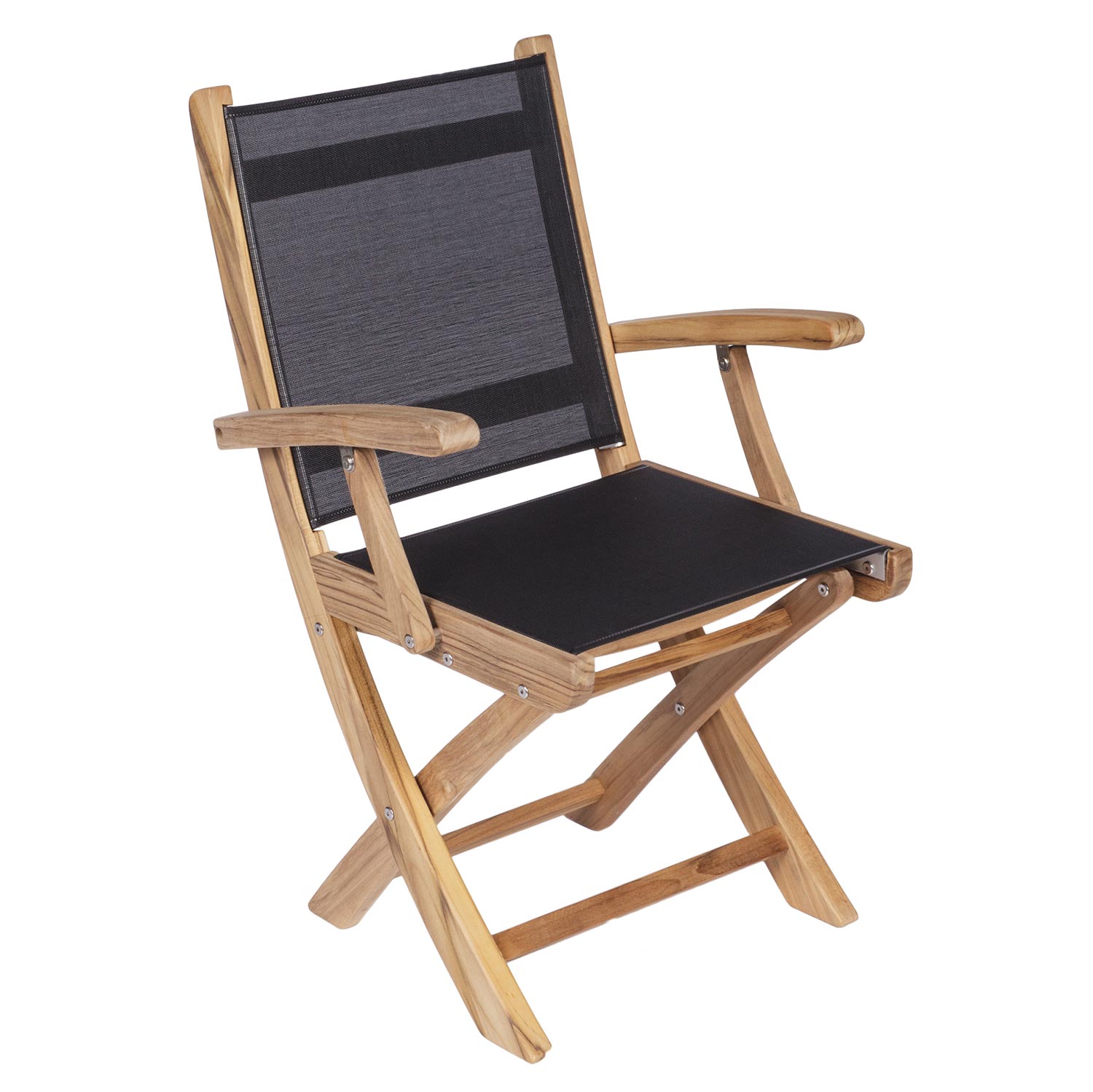 Teak folding arm chair with dark gray sling seat and back