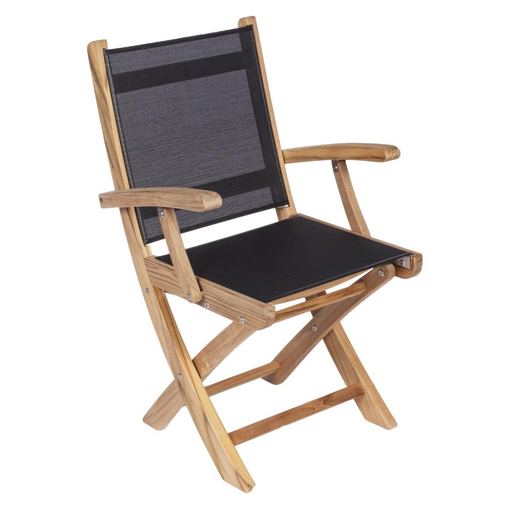 Folding teak sling arm chair with black seat and backrest, wooden armrests.