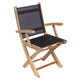 Folding teak sling arm chair with black seat and backrest, wooden armrests.