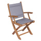 Teak folding arm chair with gray sling seat and back