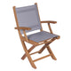 Folding teak sling arm chair with light gray seat and backrest, wooden arms.