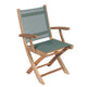 Teak folding arm chair with moss green sling seat and back