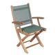Folding teak sling arm chair with moss green seat and backrest, wooden frame.