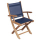 Folding teak sling arm chair with navy seat and backrest, wooden folding legs.
