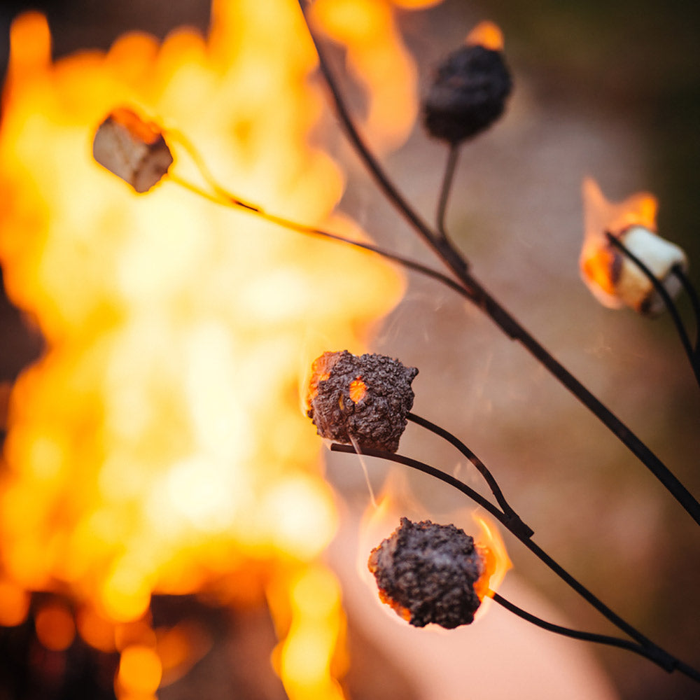 Marshmallow roasting stick with black arms and toasted marshmallows on the tips