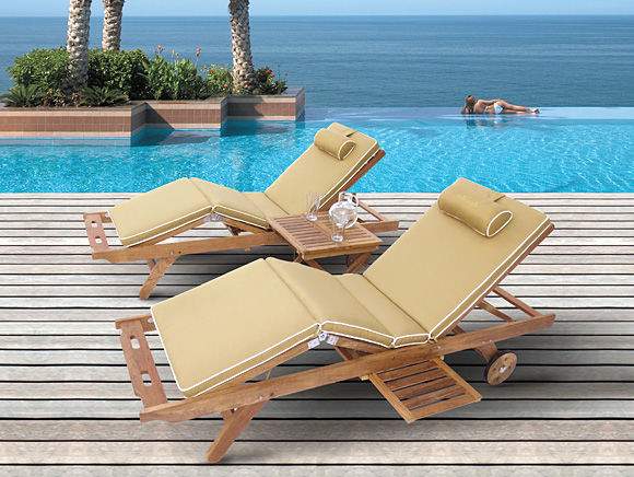 Teak sun lounger with beige cushions and adjustable reclining back
