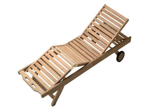 Teak sun lounger chair with slatted back and foldable legs