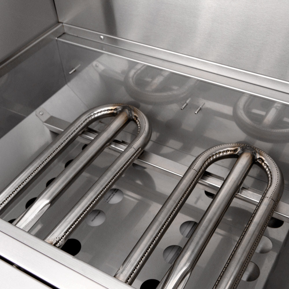 Gas grill burner tubes and cooking grates inside the firebox, stainless steel
