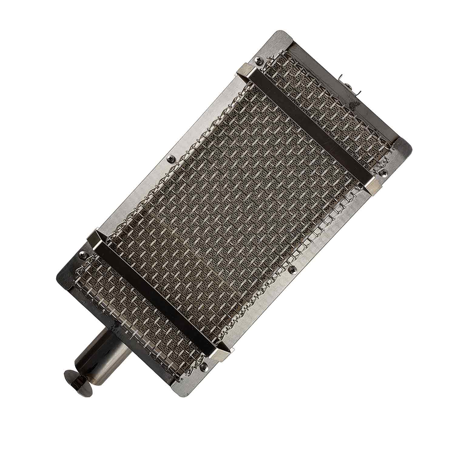 Stainless steel infrared burner with woven wire mesh screen and control knobs