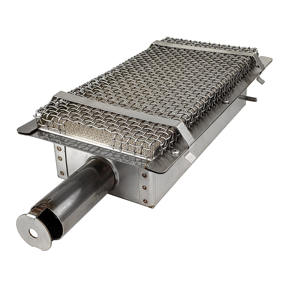 Infrared burner assembly with woven wire screen, side brackets, and round gas outlet
