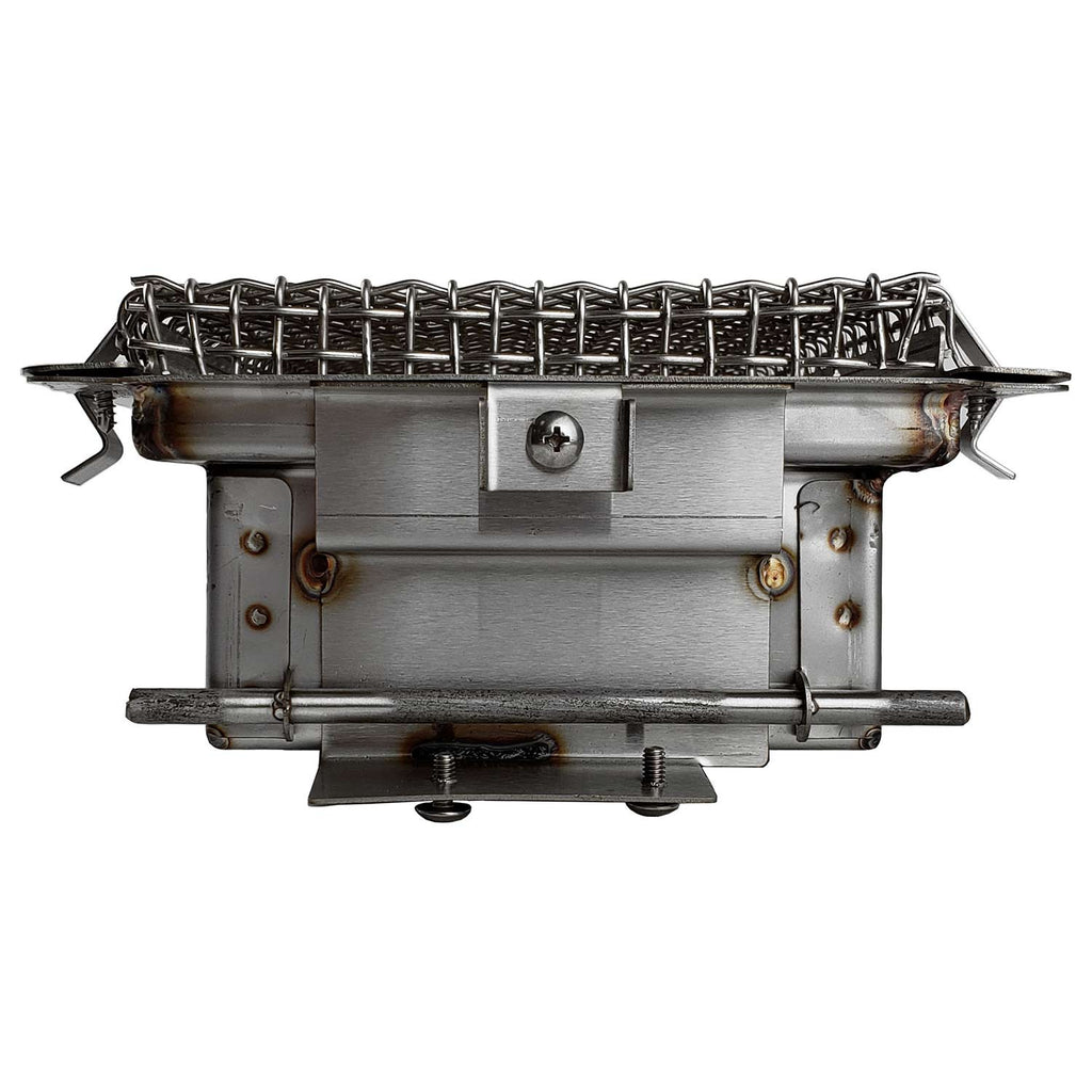 Infrared burner housing with wire mesh screen, mounting brackets, and side screws