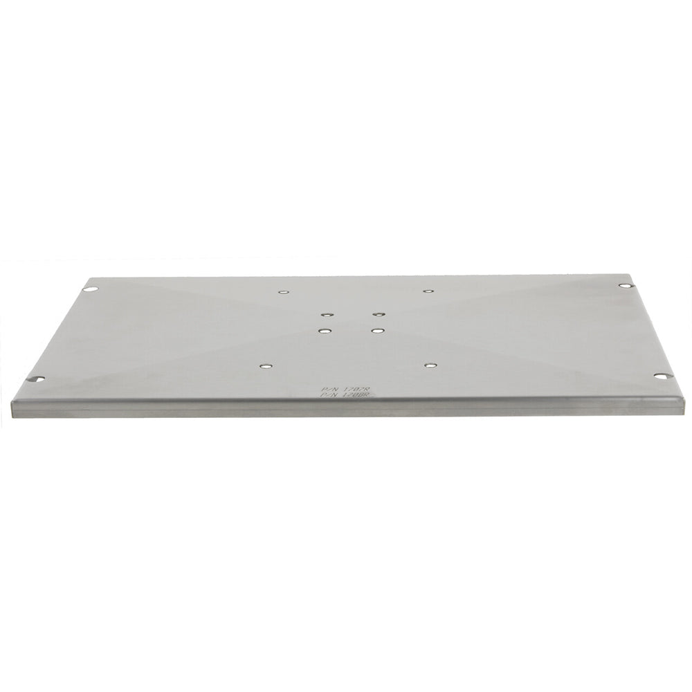 Stainless steel mounting plate with drilled holes and flat rectangular shape