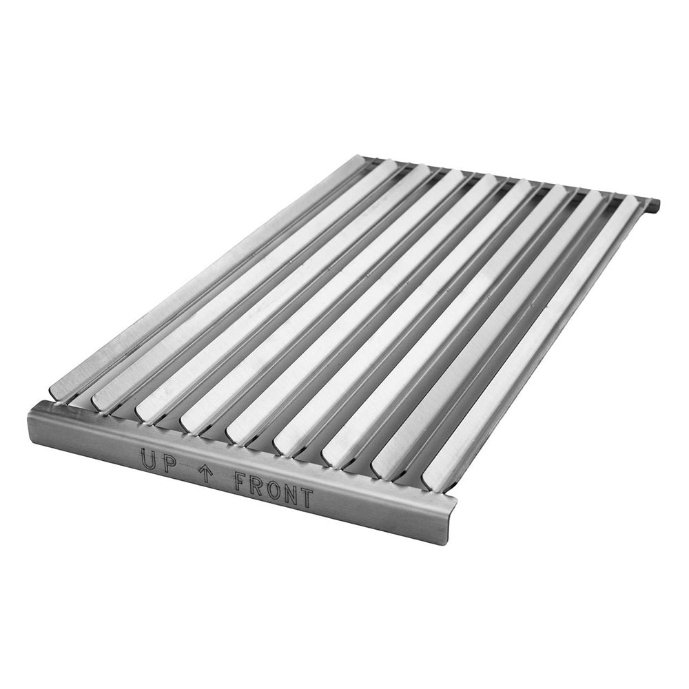 Stainless steel grill grate with parallel bars, rectangular frame, marked FRONT
