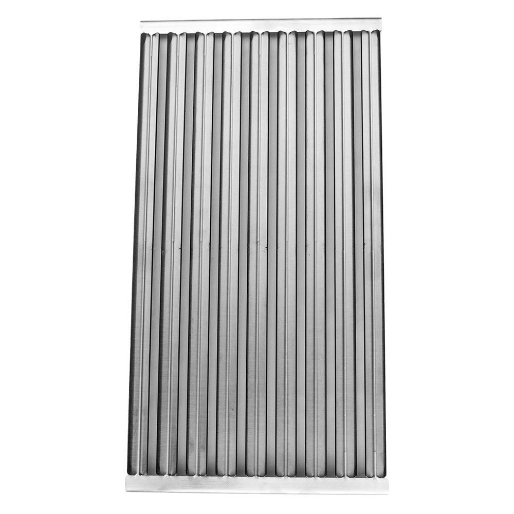Stainless steel grill grate panel with vertical parallel bars in rectangular frame