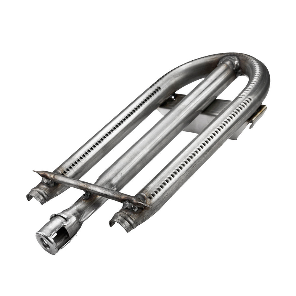 Stainless steel convection U-burner with curved tube, cross braces, and end ports