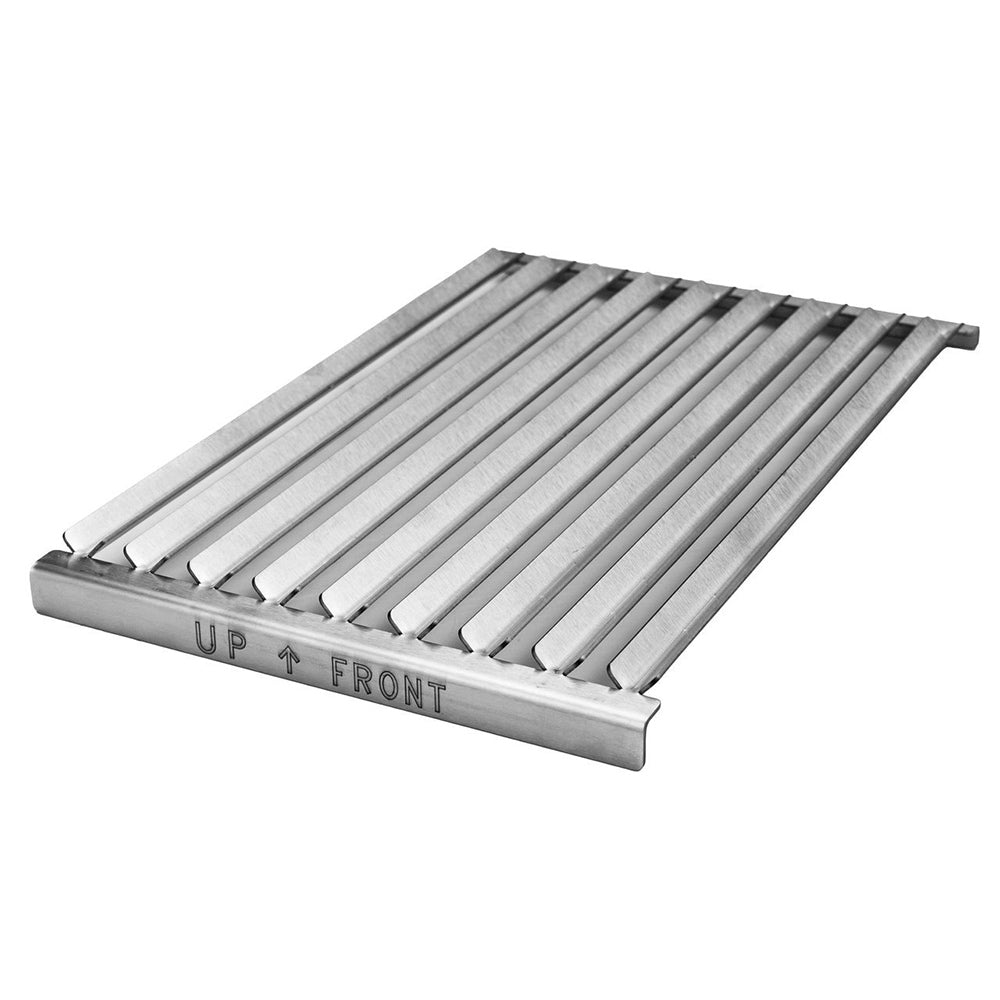 Stainless steel grill grate with parallel heat bars and metal frame, angled view