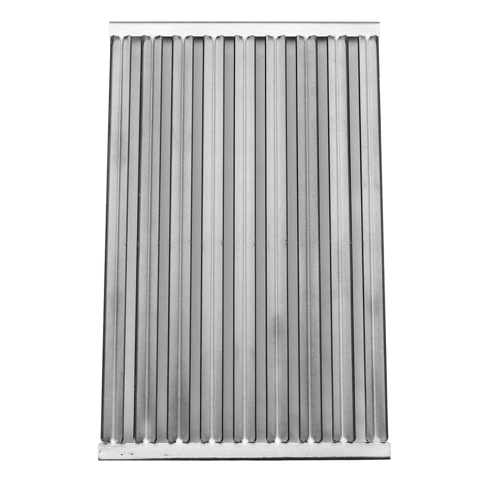 Stainless steel grill grate with vertical heat bars in rectangular frame, flat view