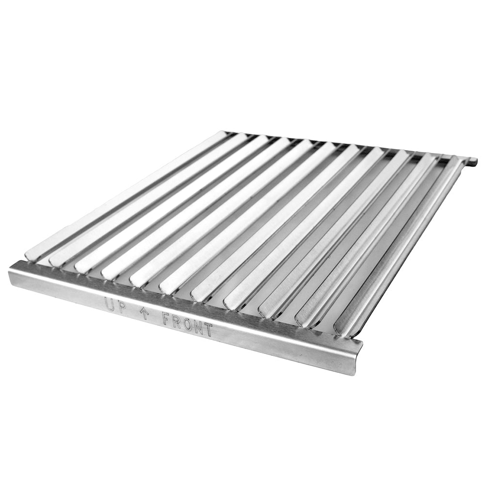 Stainless steel grill grate with parallel bars and rectangular frame, angled view