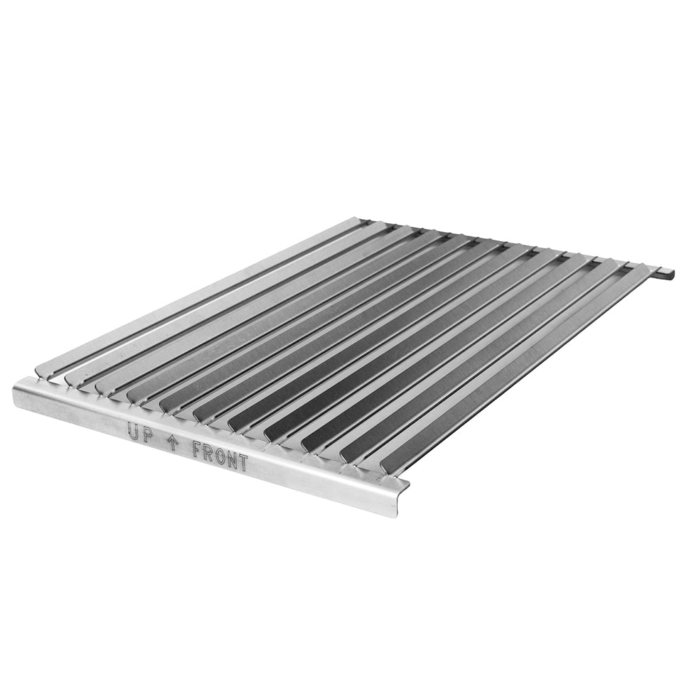 Stainless steel grill grate with parallel bar slots and support rails