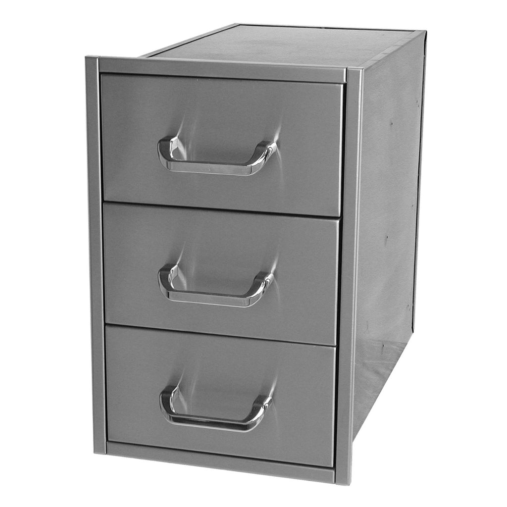 Triple metal drawer cabinet with three front pulls and framed sides