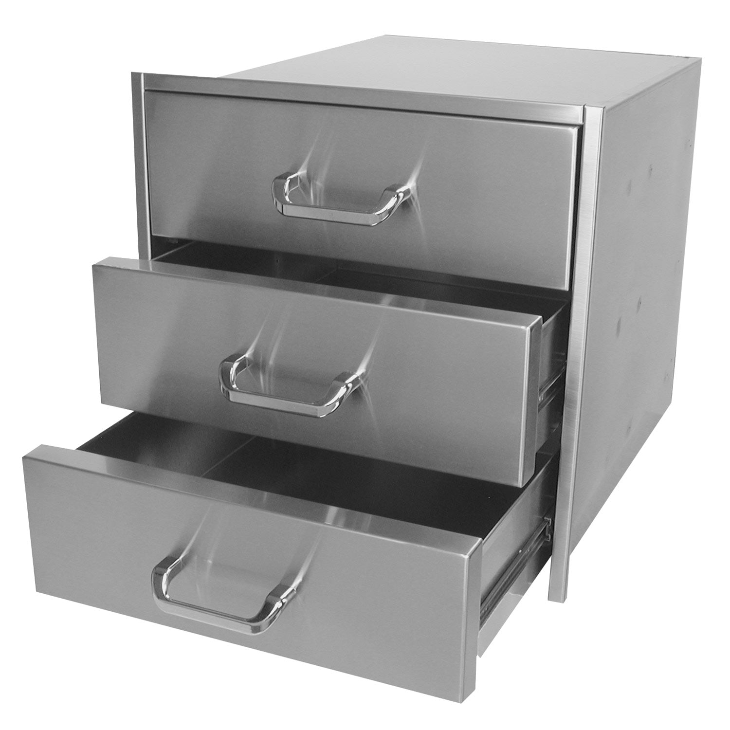 Metal storage drawer unit with three open drawers and chrome-style pull handles